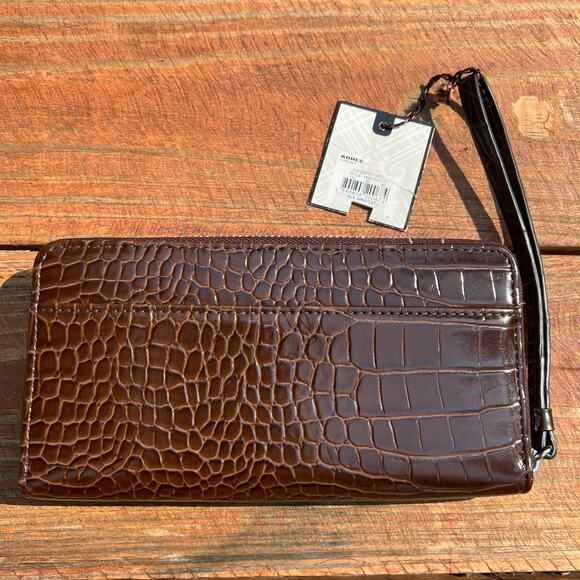 NWT Dana Buchman Croc Embossed Ava Wallet Wristlet Purse Brown Faux Leather - Picture 5 of 14